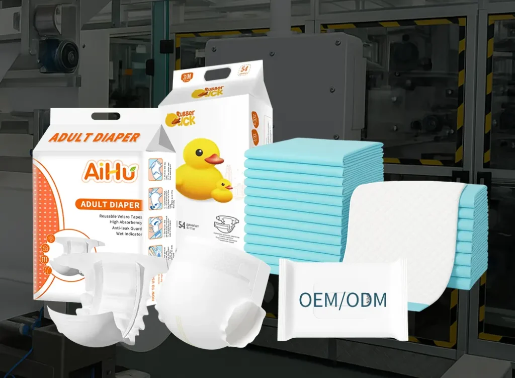 Assorted hygiene products including adult diapers, baby diapers, incontinence pads, and wipes with customizable OEM/ODM packaging options for brand development