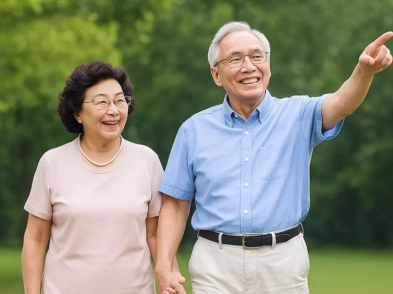 An elderly couple smiling and walking outdoors, representing the Adult Diapers Series designed for comfort, various sizes, and high absorbency to meet different needs