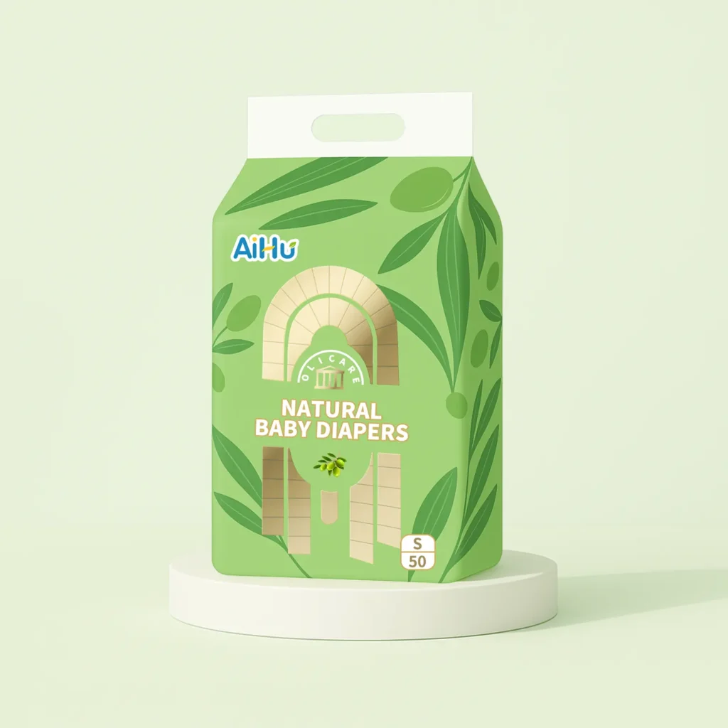 AiHu natural baby diapers green packaged on a white background.