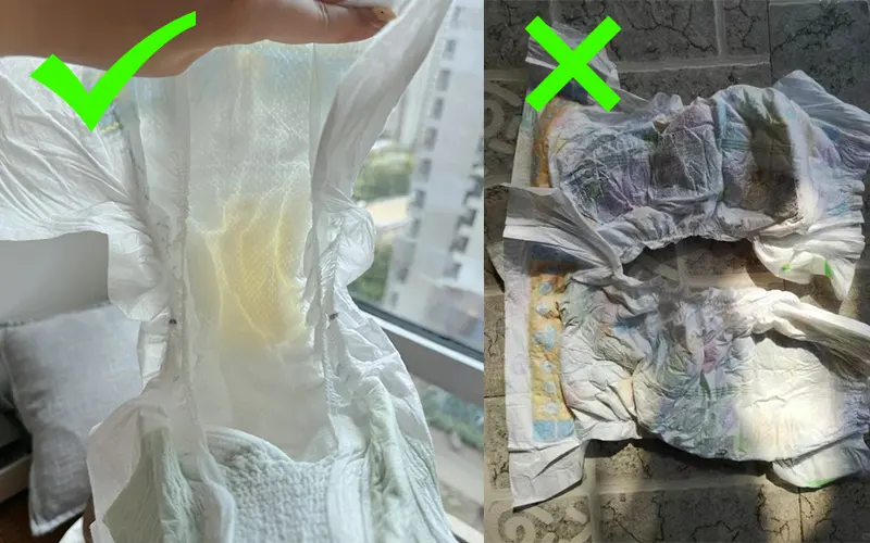 Side-by-side diaper interiors: left clean, transparent core (✓); right wrinkled, discolored, clumped core (✗).