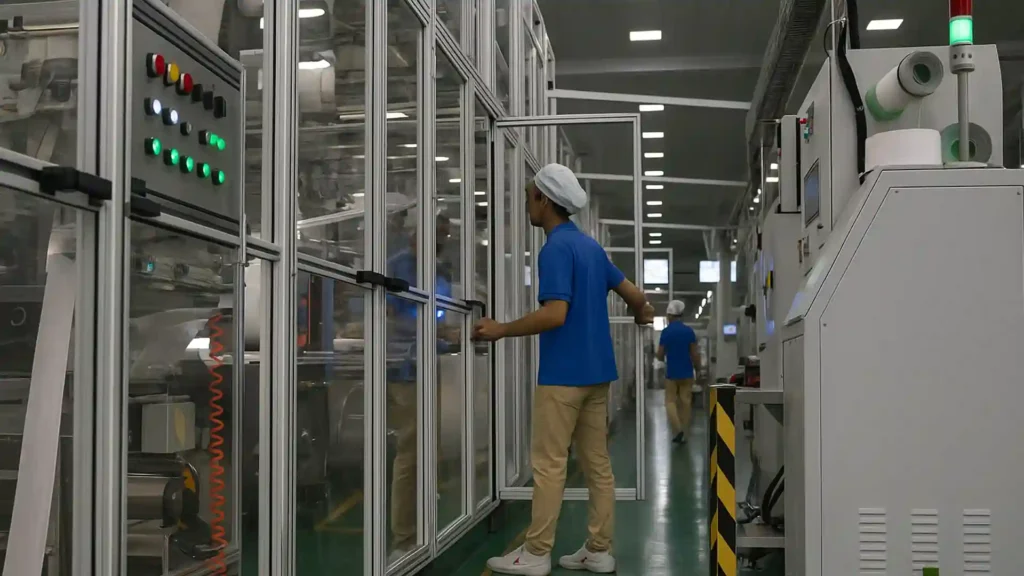 Automated baby diaper production line with staff inspecting machinery.