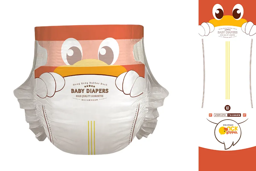 PE backsheet printed diaper sample with cartoon graphics
