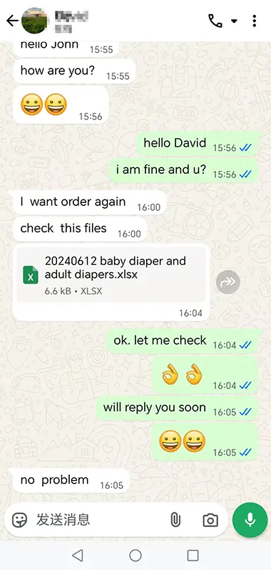 Screenshot of a WhatsApp conversation discussing a repeat order for baby and adult diapers