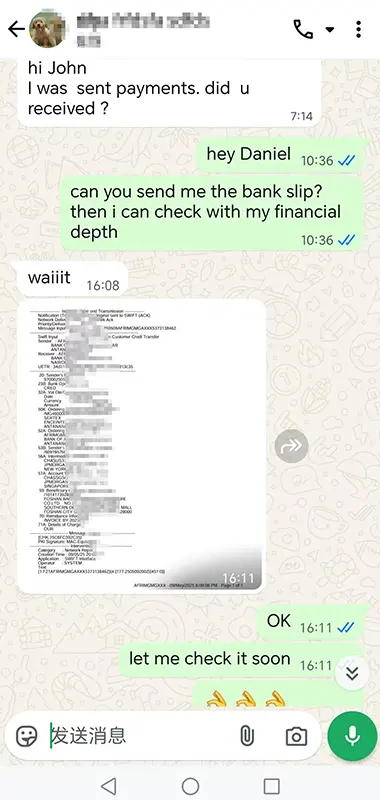 Screenshot of a WhatsApp conversation confirming a payment for diaper orders