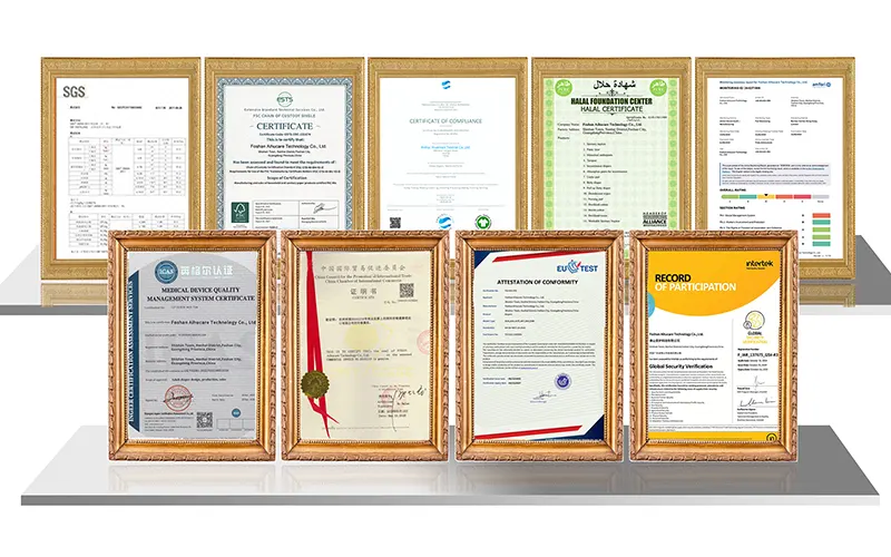 Collection of framed certificates and test reports for our baby diapers, displayed on a shelf.