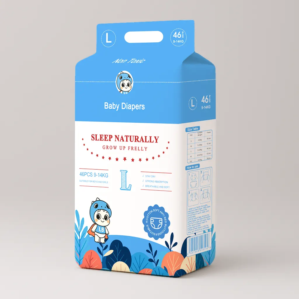Blue and white baby diaper packaging, size L, with a cartoon panda on the front