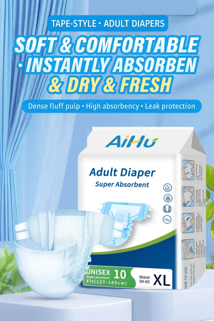Adult incontinence underwear and retail packaging on a blue background.