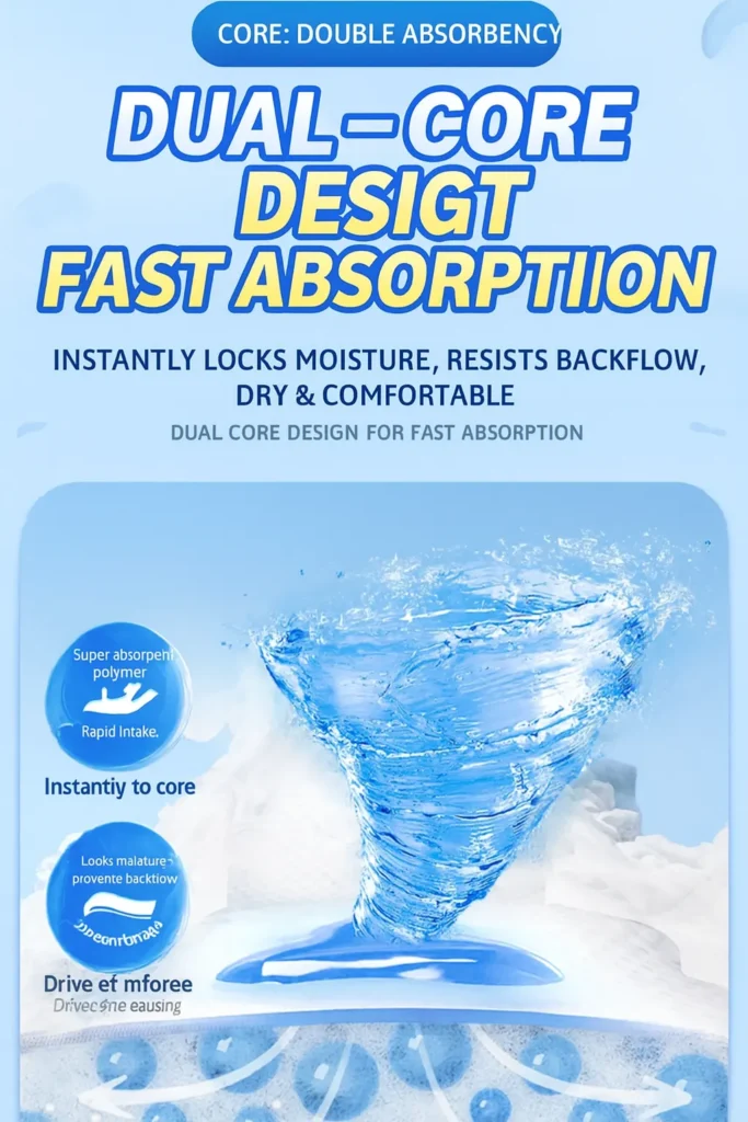 Graphic illustrating absorbent core concept with swirling water.