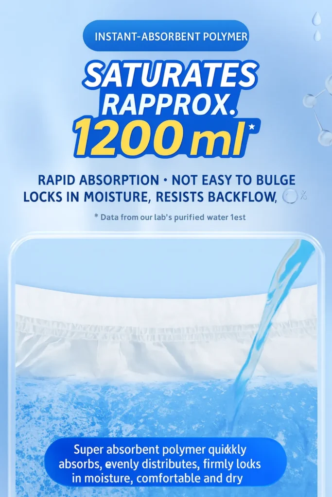 Close-up of absorbent layer with water being poured into a diaper.