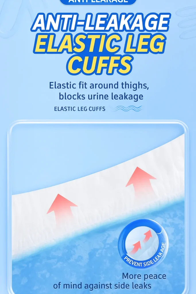 Illustration highlighting elastic leg cuffs designed for leak protection.
