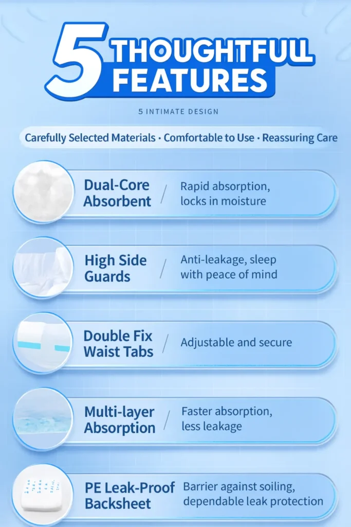 Infographic listing key features of adult incontinence underwear.