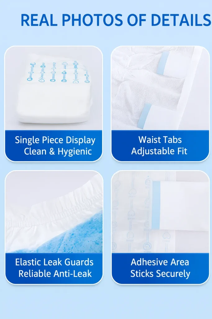 Four product detail photos showing folded diaper, tabs, leg guards, and adhesive area.