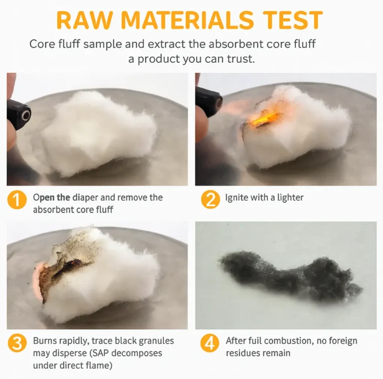 Raw materials test steps for core fluff quality verification.
