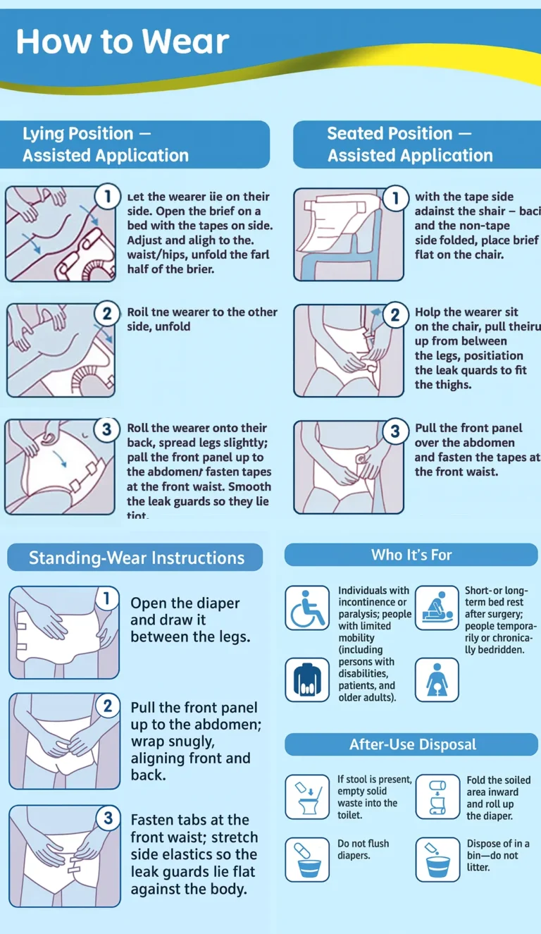 How to wear instructions for lying, seated, and standing use.