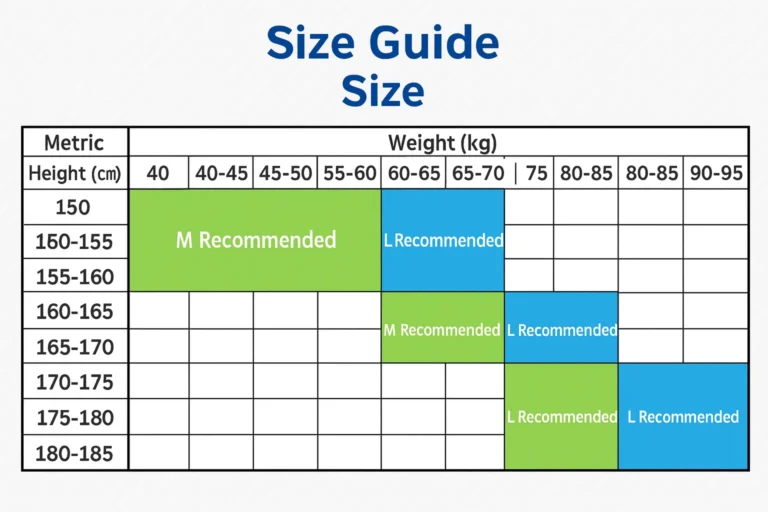 Size guide chart matching height and weight to recommended size