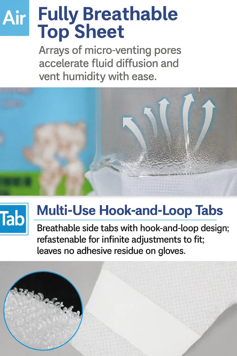 Breathable top sheet and reusable hook-and-loop tab close-ups.