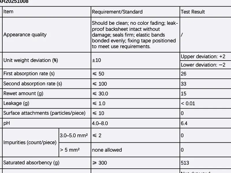 Test report table showing absorption, leakage, and quality metrics for adult diapers.