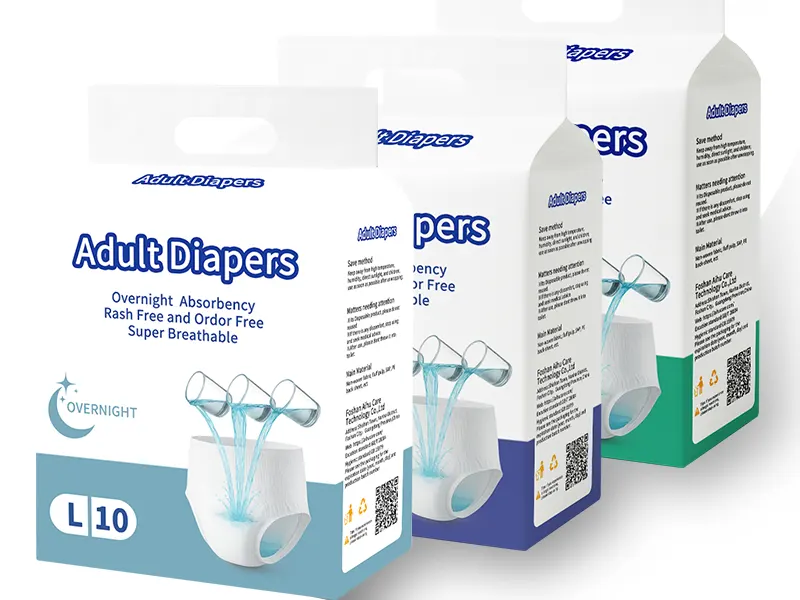 Three “Adult Diapers” retail packages showing L size and overnight absorbency graphic.