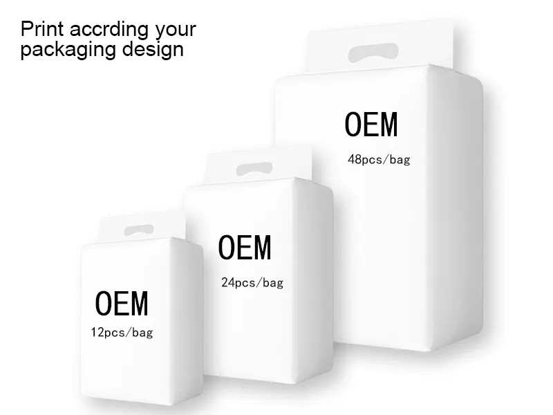 OEM plain white packaging mockups in three sizes labeled 12, 24, and 48 pcs per bag.