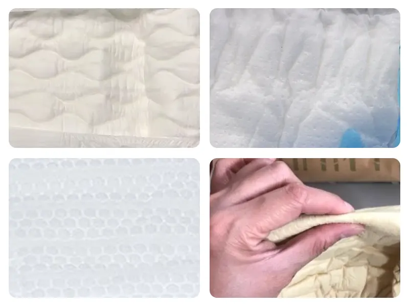 Fabric and surface texture options for adult diapers shown in four close-up panels.