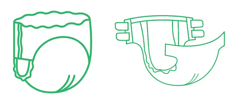 llustration of two adult diaper types—pull-up and tape-style, side-by-side comparison.