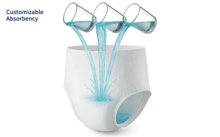 Illustration of high absorbency with water poured into a brief.