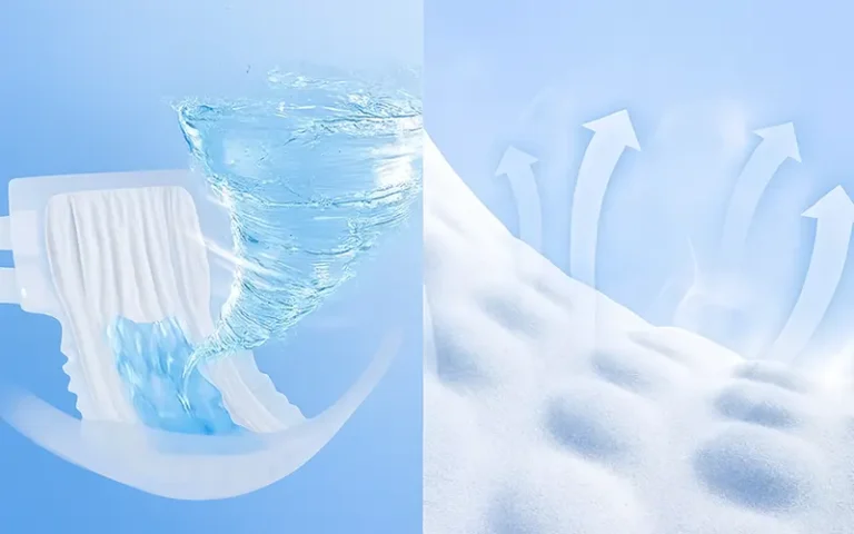 Cutaway showing rapid liquid intake and breathable soft surface.