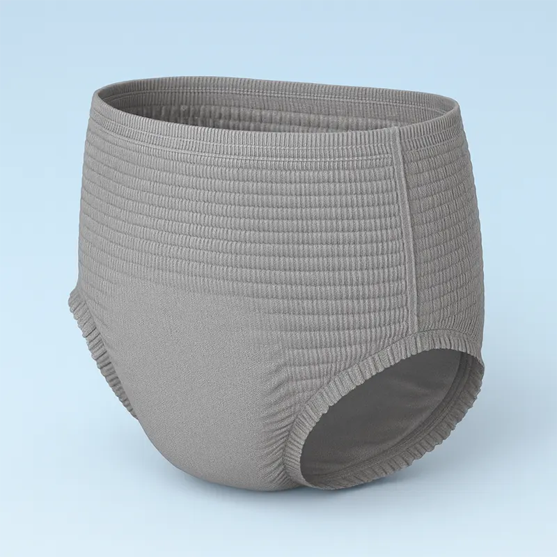 Grey pull-up adult diaper product shot on light background
