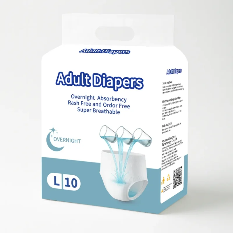 Overnight adult diapers package, size L, absorbency demo with three pouring cups.