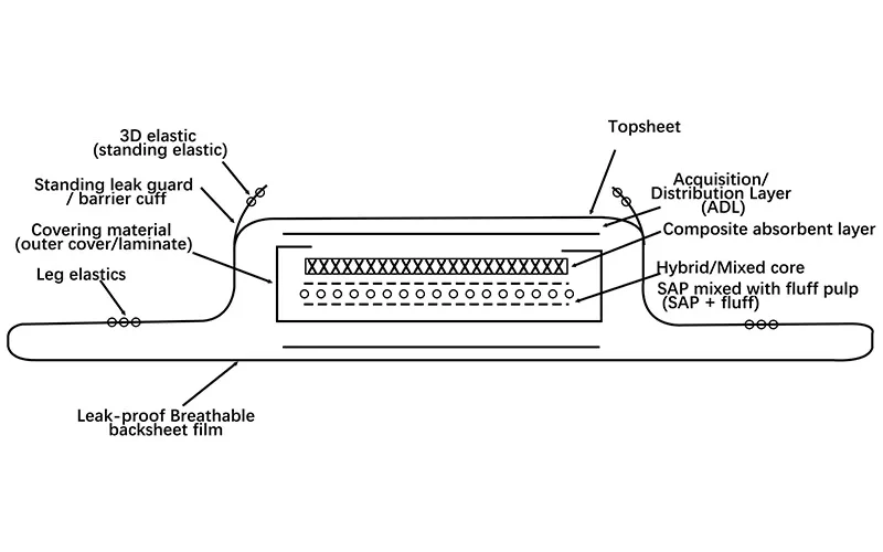 Baby Diaper core structure diagram — composite/segmented structure