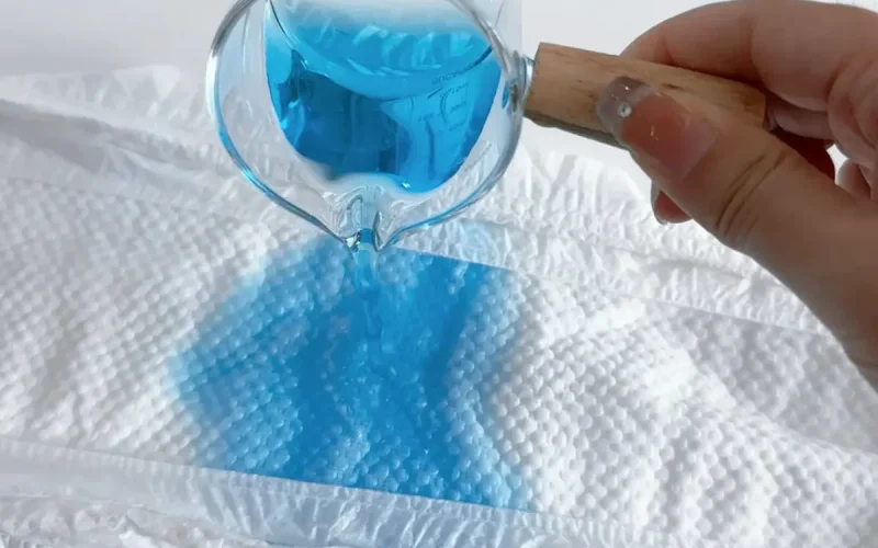 Absorption test pouring blue liquid onto a diaper